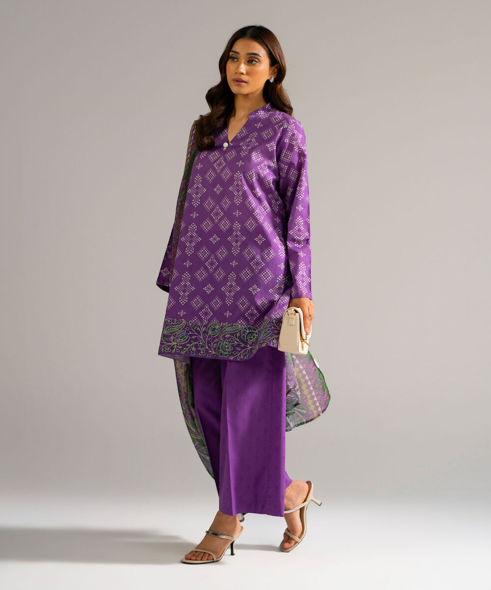Women's RTW Self Jacquard Embroidered Purple 3 Piece Suit