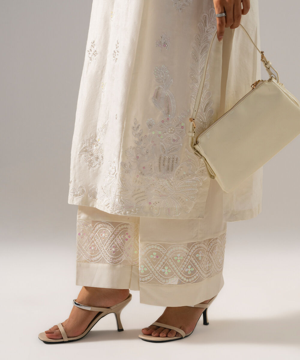 Women's RTW Self Jacquard Solid Embroidered Off White 2 Piece Suit