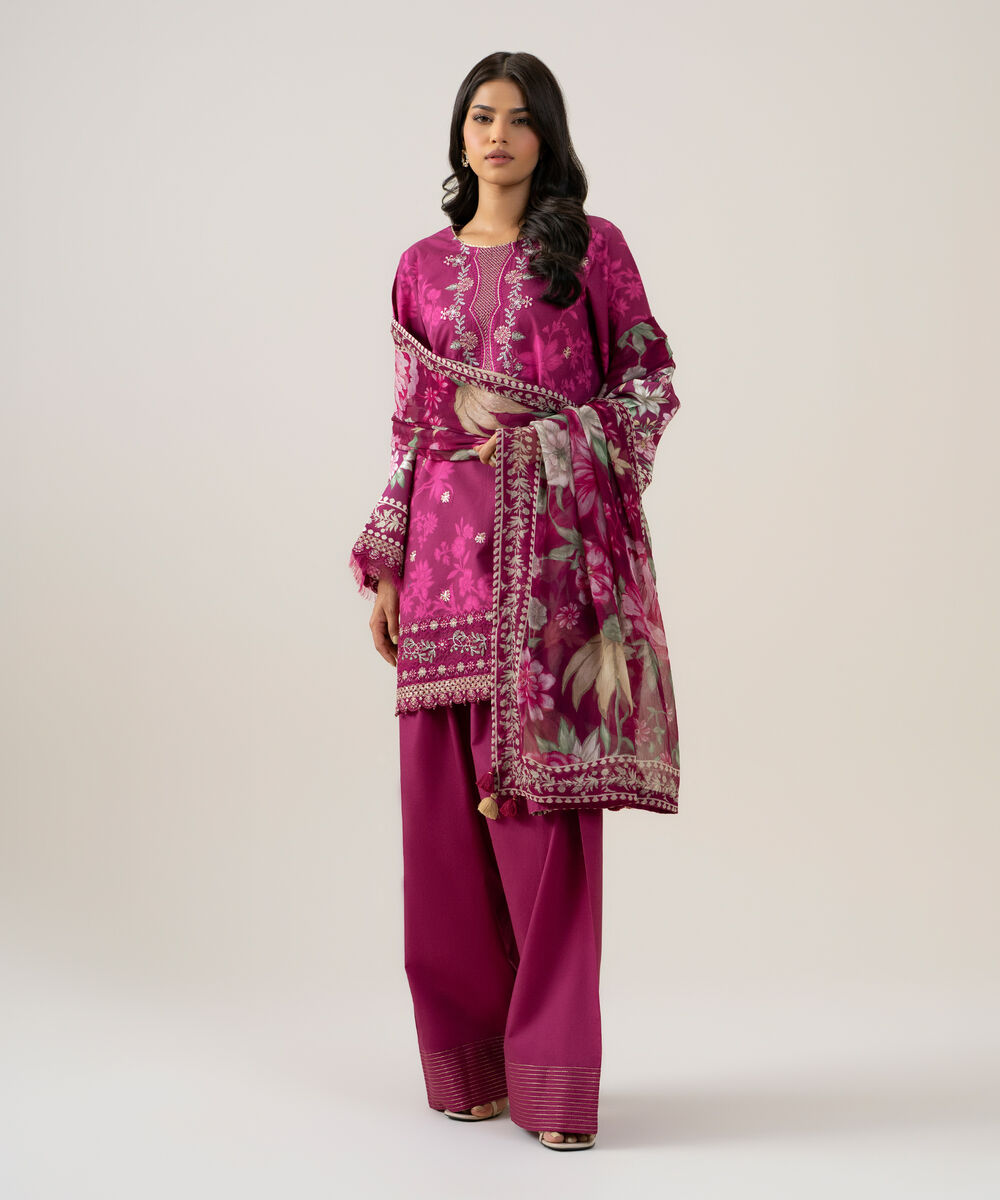 Women's Unstitched Blended Chiffon Embroidered Magenta 3 Piece Suit