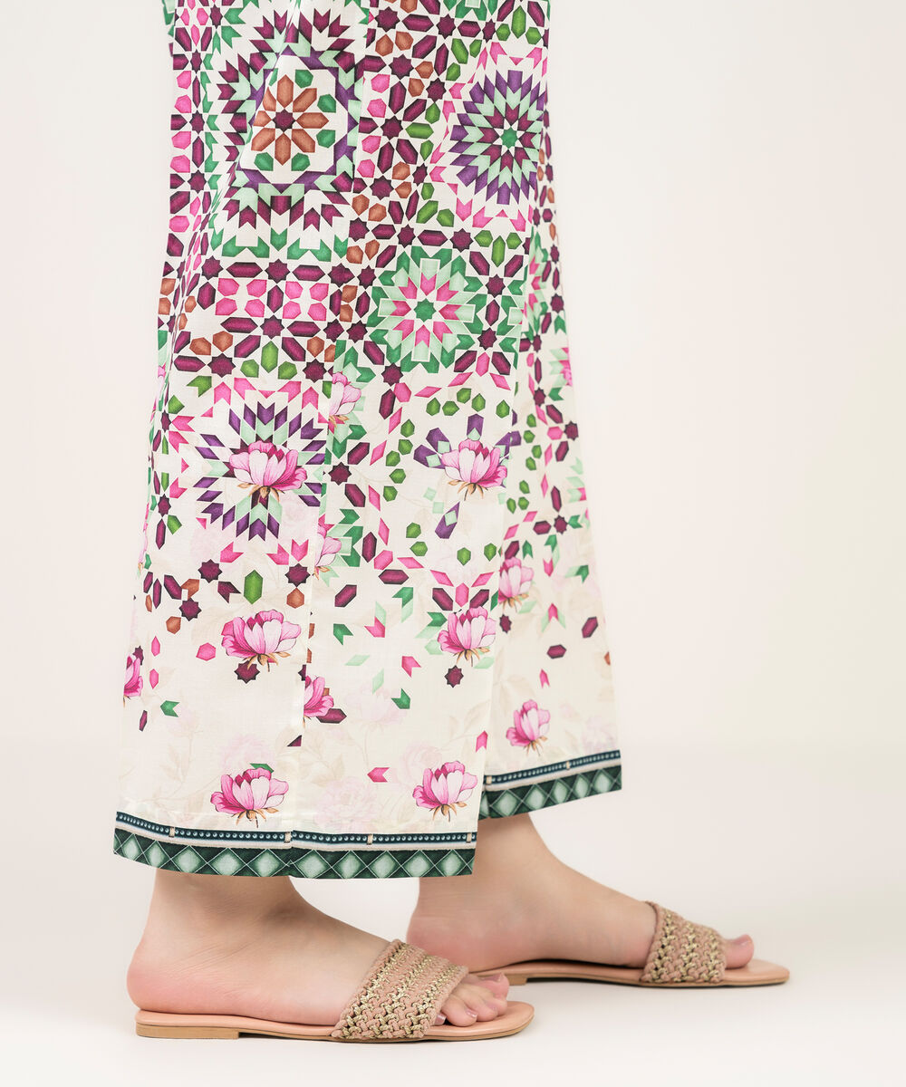 Women's RTW Cambric Printed Off White Straight Pants