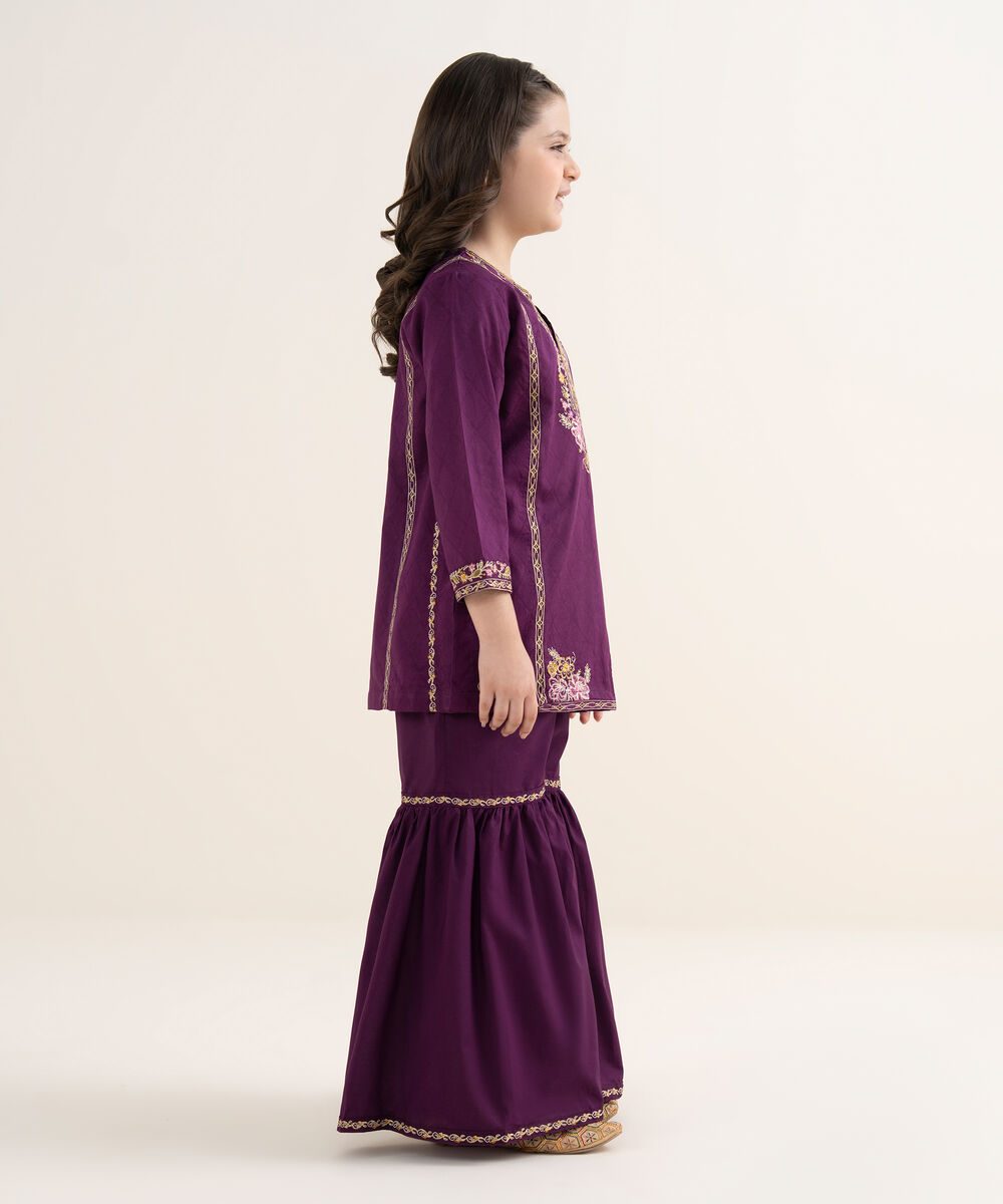 Girl's Self Jacquard Embroidered Purple 2 Piece Suit