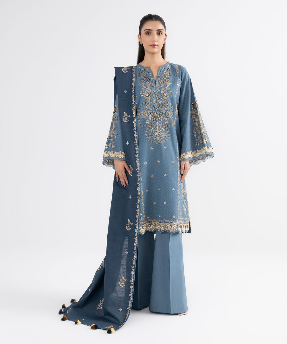 Women's Unstitched Dobby Embroidered Grey 3 Piece Suit