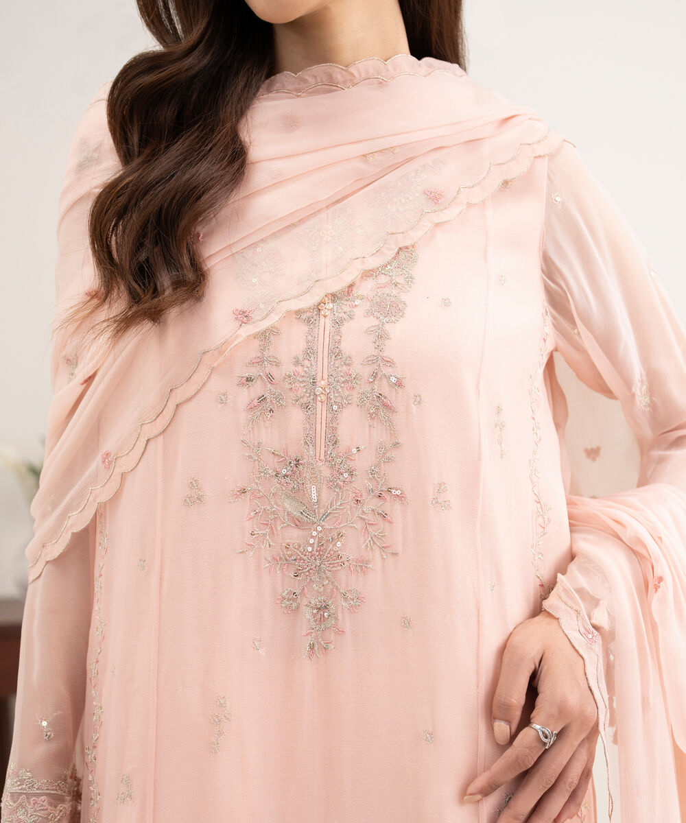 Women's Unstitched Blended Chiffon Embroidered Pink 3 Piece Suit