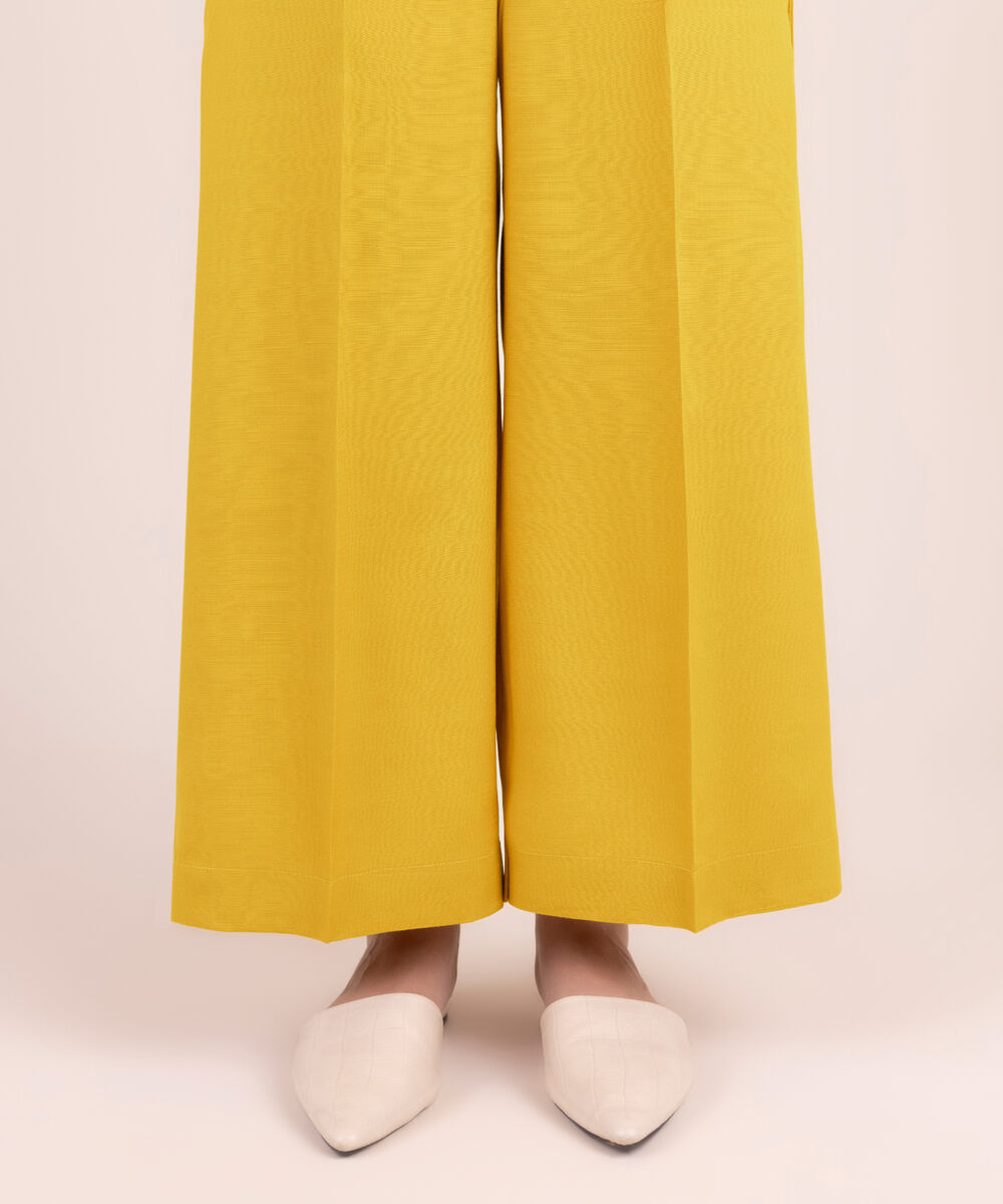 Women's RTW Textured Viscose Solid Yellow Culottes