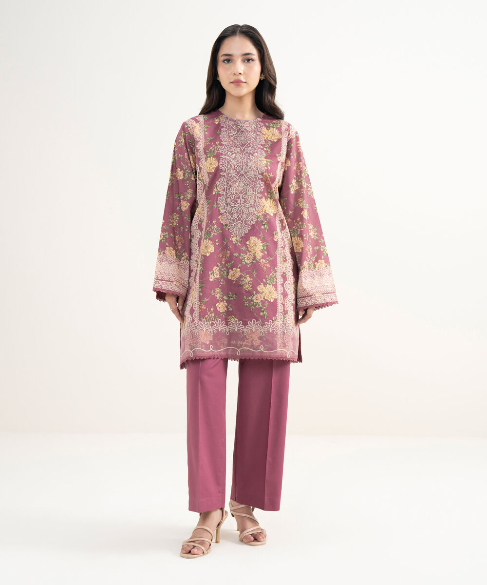 Women's RTW Lawn Embroidered Purple Straight Shirt