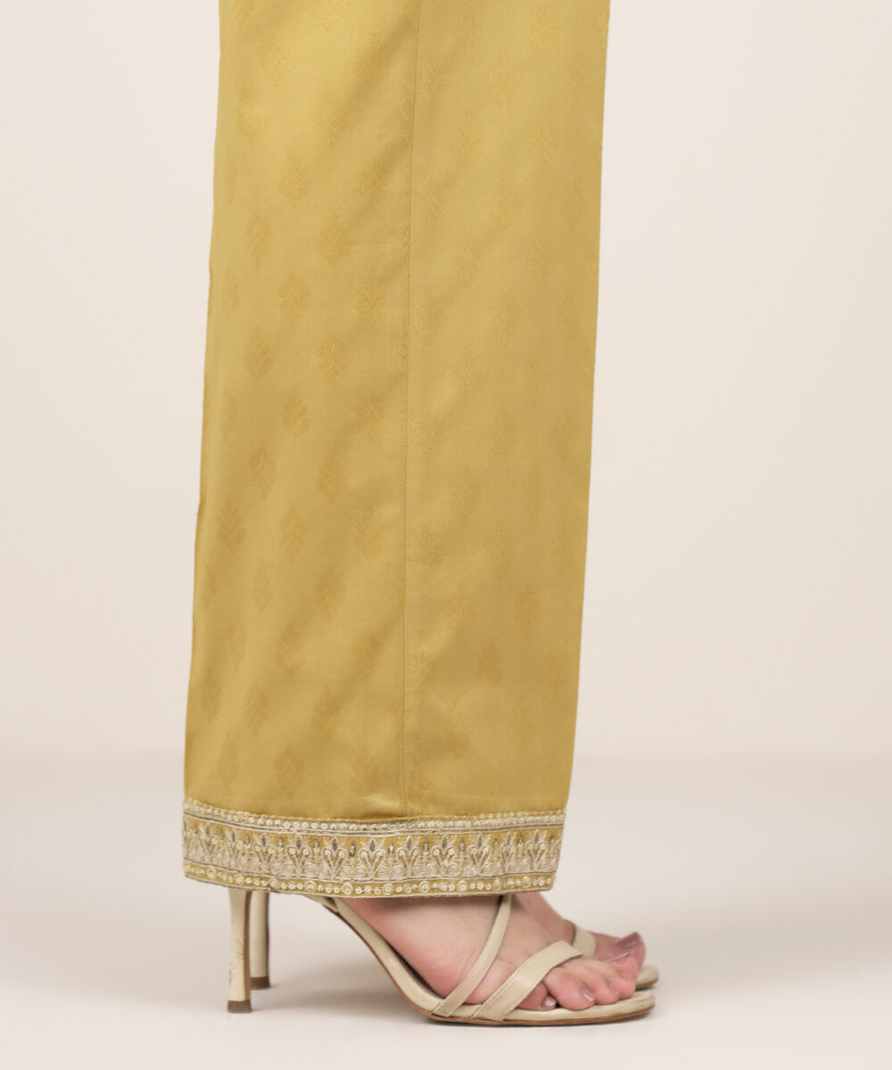 Women's RTW Self Jacquard Leno Embroidered Yellow Straight Pants