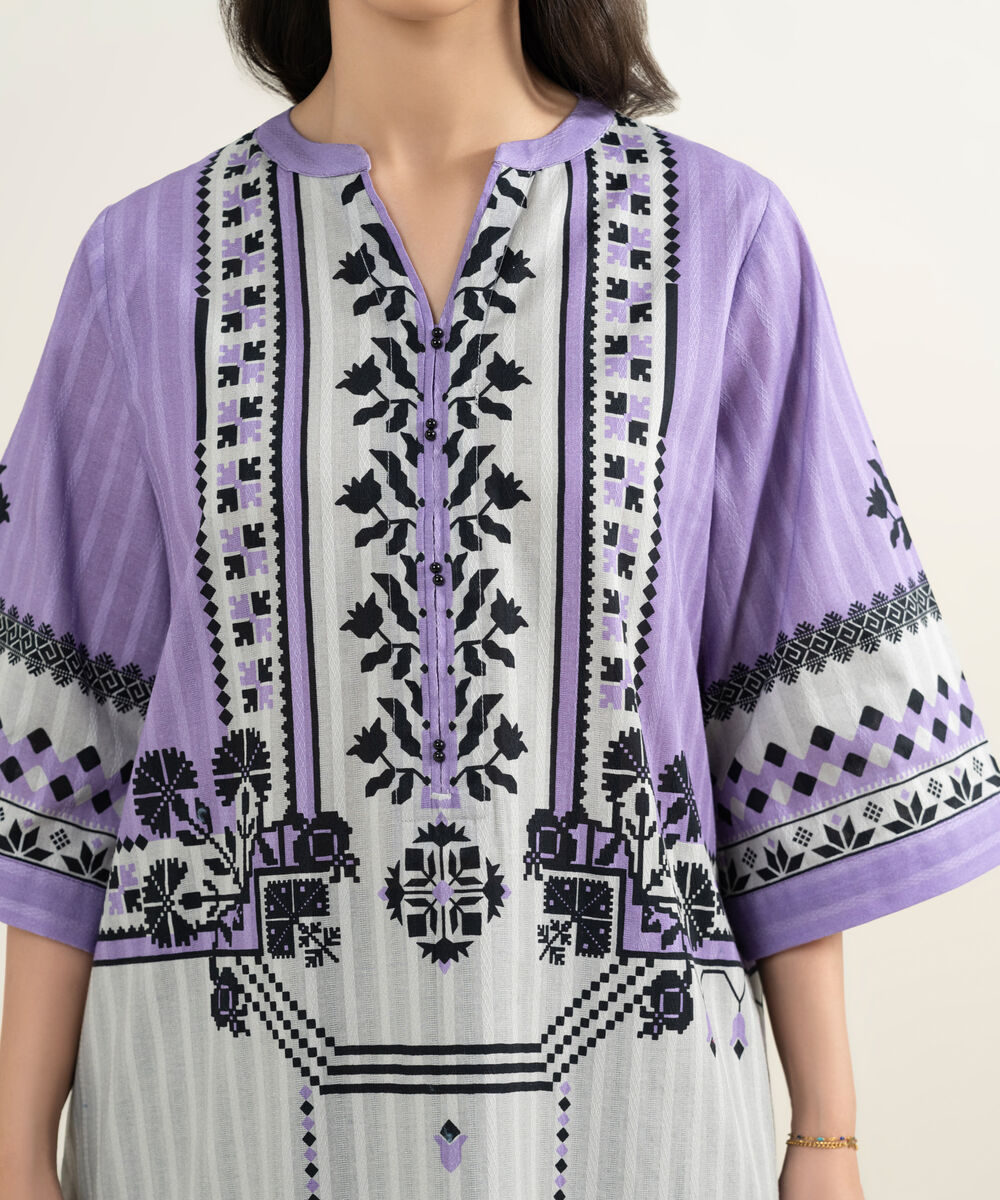 Women's RTW Textured Cotton Printed Grey A-Line Shirt