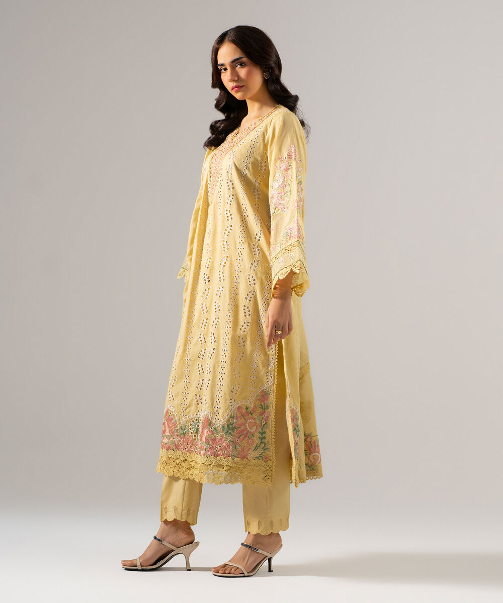 Women's RTW Self Jacquard Solid Embroidered Pale Yellow 3 Piece Suit