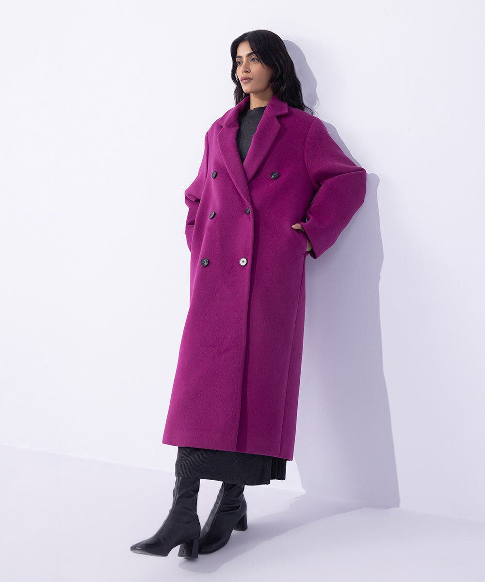 Woman - Purple Double Breasted Coat with Side Pockets
