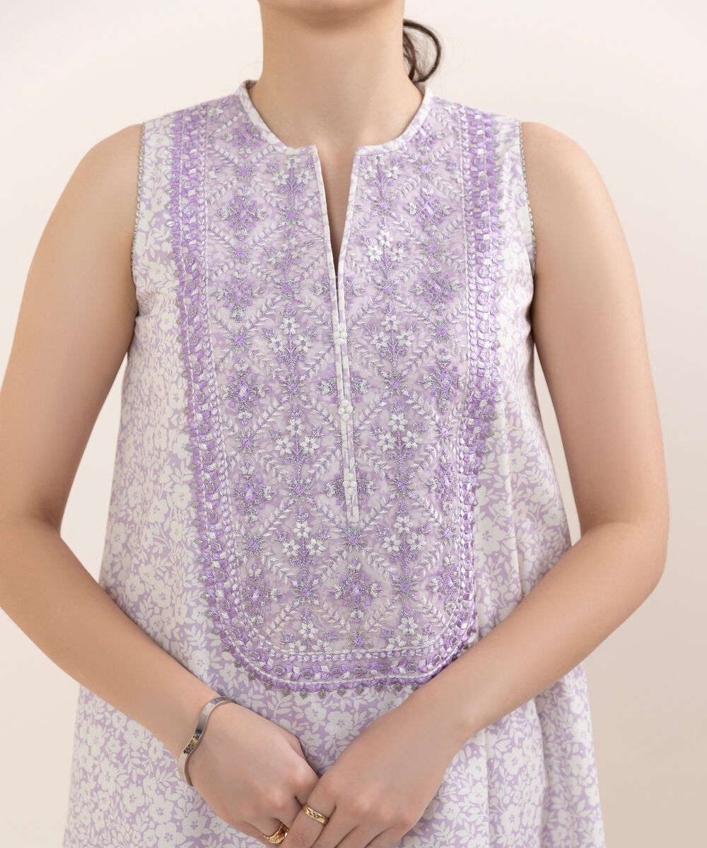 Women's Unstitched Cotton Embroidered Lilac Two Piece Suit