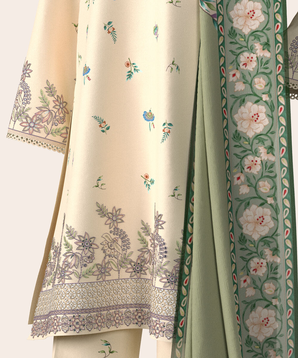 Women's Unstitched Lawn Off White  Embroidered 3 Piece Suit