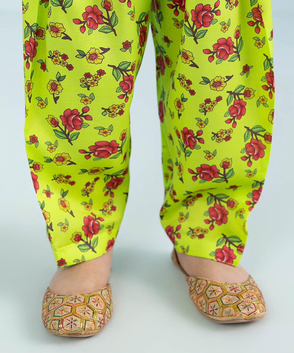 Girls 2 Piece Printed Embroidered Viscose Raw Silk Suit in Green