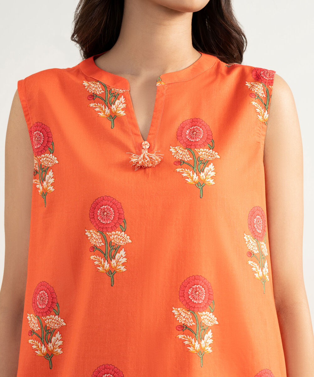 Women's RTW Lawn Printed Orange Straight Shirt