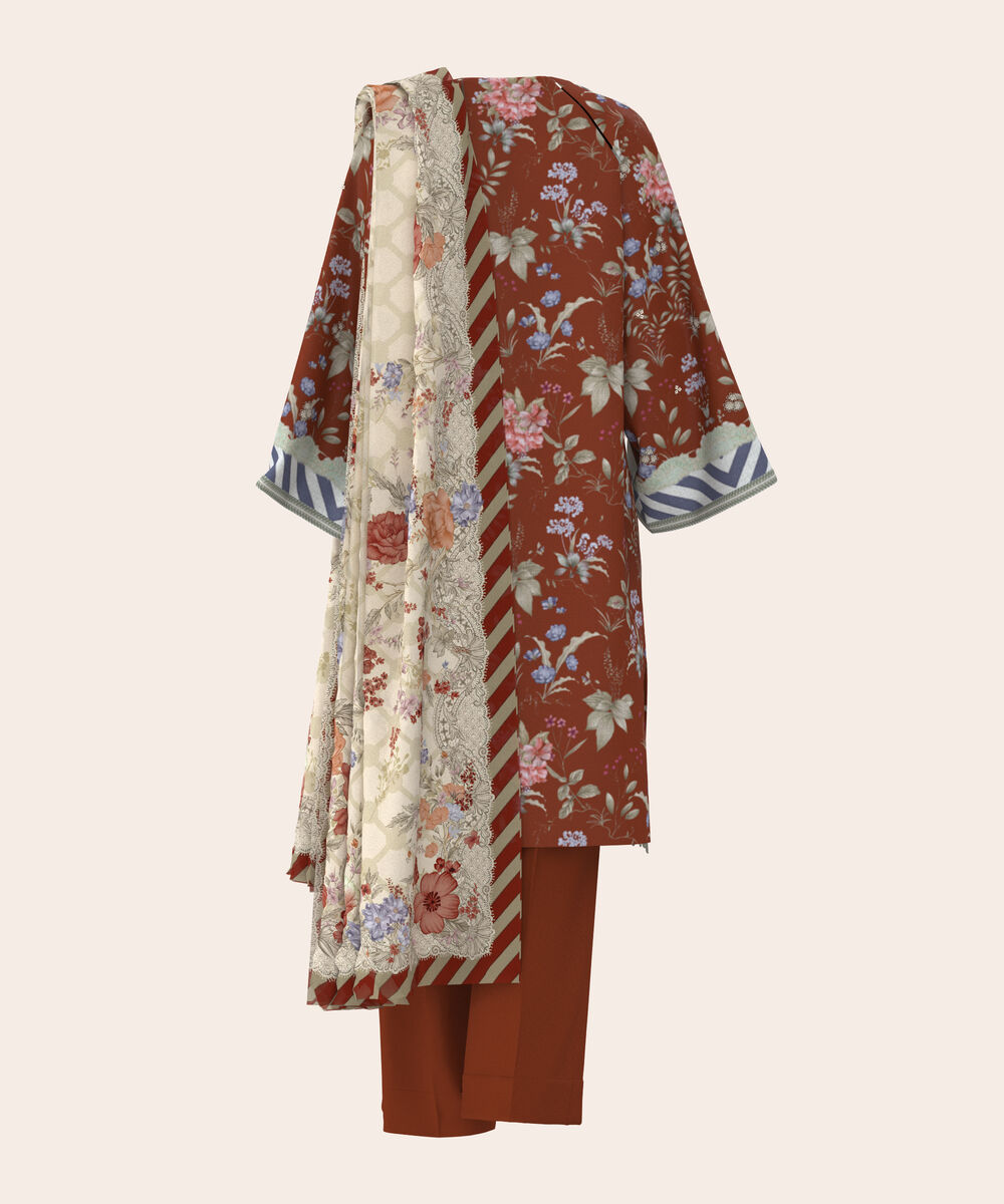 Women's Unstitched Lawn Rust Brown  Embroidered 3 Piece Suit
