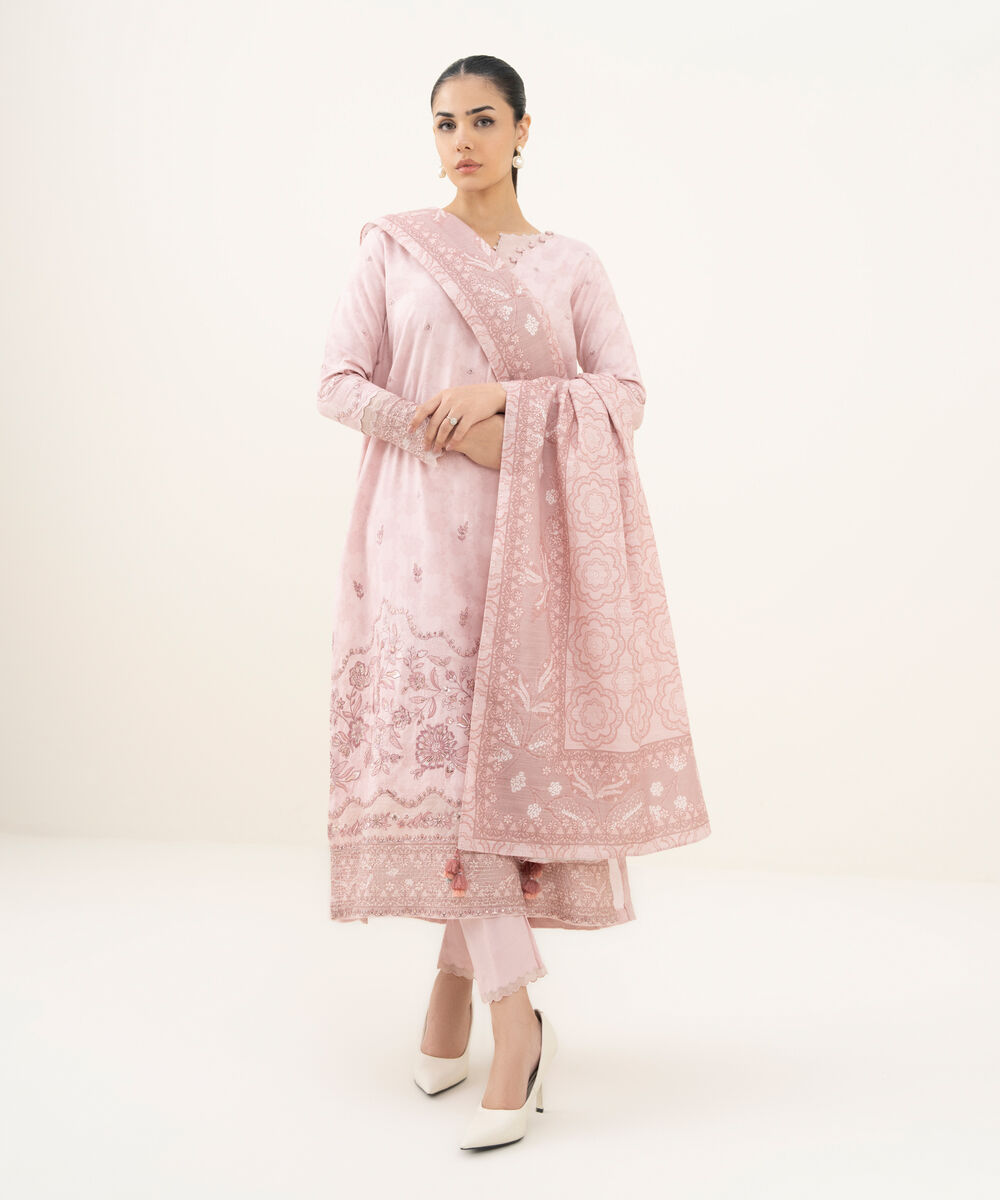 Women's Unstitched Embroidered Cotton Jacquard Pink 3 Piece Suit