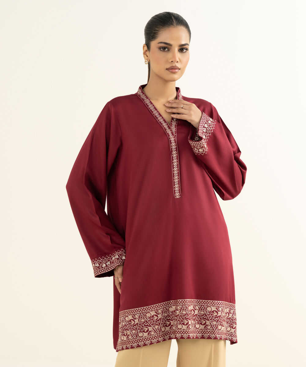 Women's RTW Linen Viscose Embroidered Maroon Straight Shirt