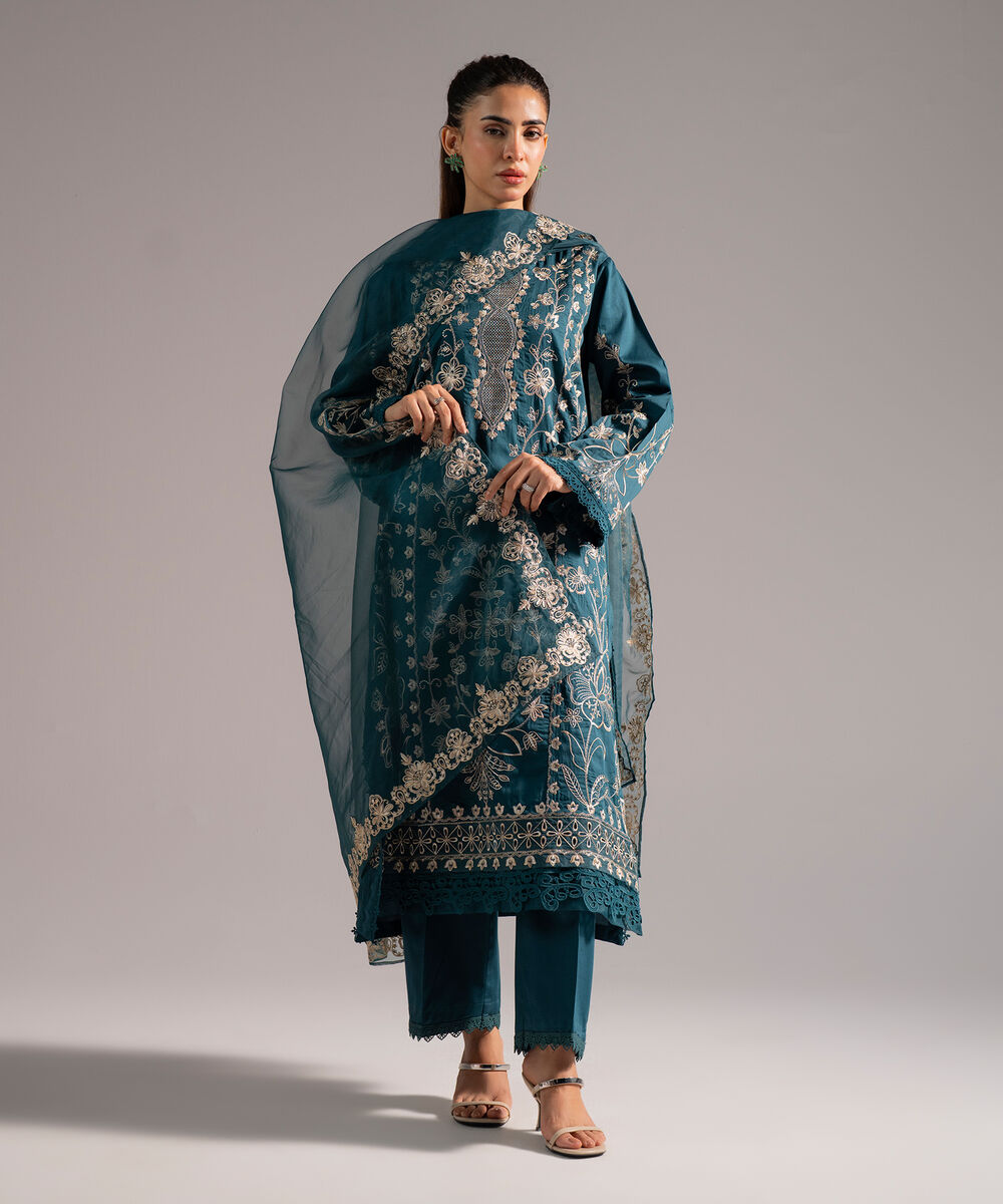 Women's RTW Cotton Satin Embroidered Dark Green 3 Piece Suit