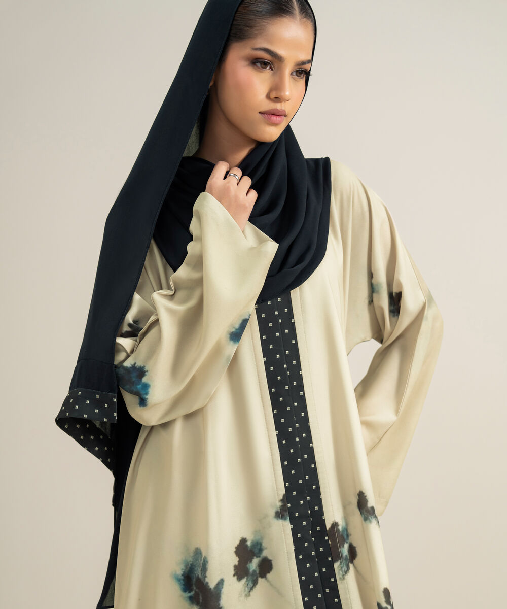 Women's Polyester Off White Kimono Printed Abbaya Set