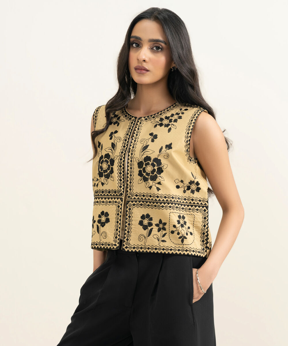 Women's RTW Dobby Embroidered Beige Waistcoat