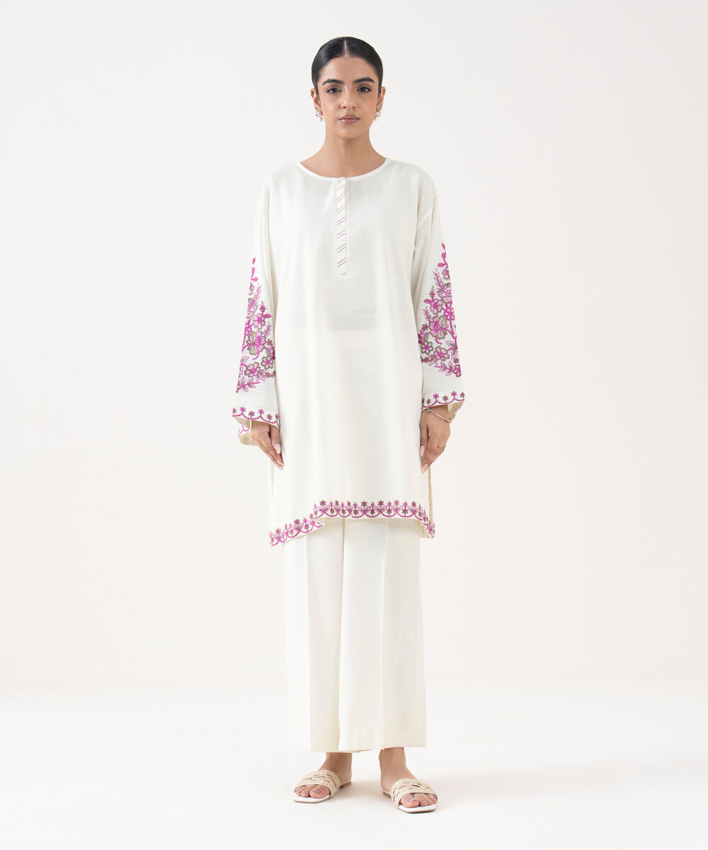 Women's RTW Textured Lawn Off White Embroidered Drop Shoulder Shirt