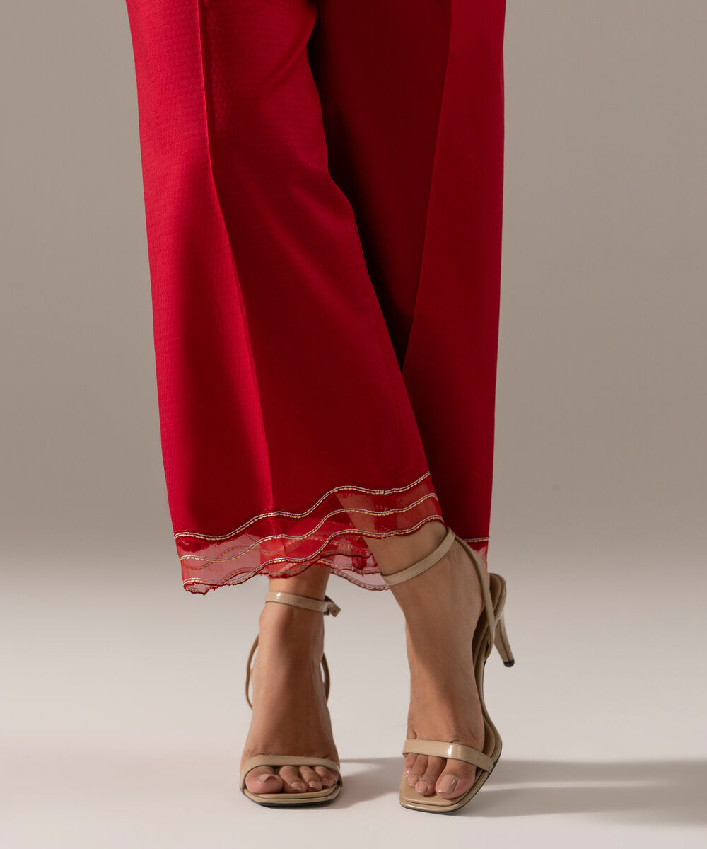 Women's RTW Dobby Solid Red Straight Pants