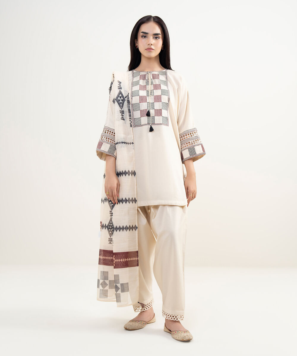 Women's RTW Dobby Embroidered Off White Drop Shoulder Shirt