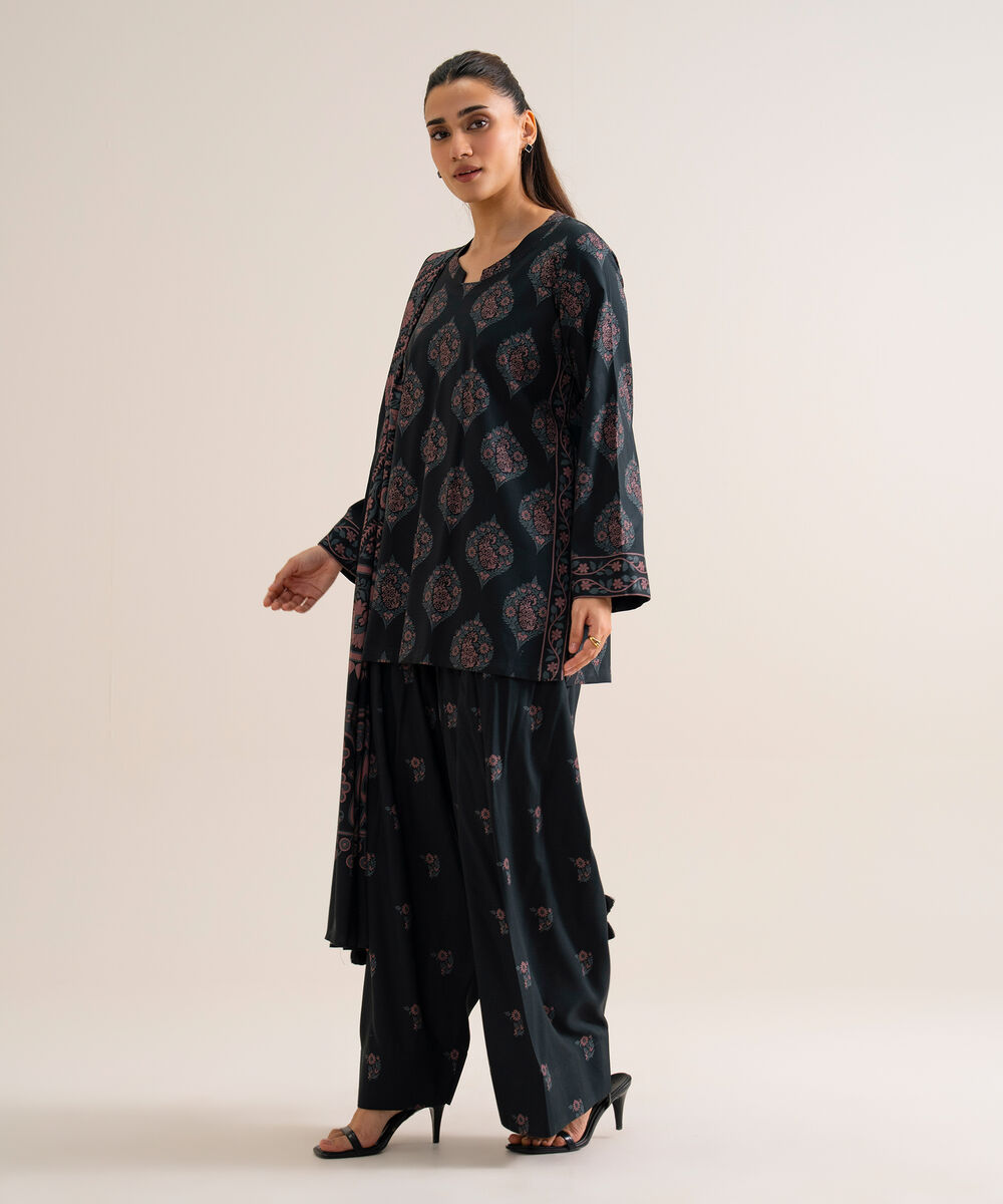 Women's Unstitched Viscose Linen Printed Black 3 Piece Suit
