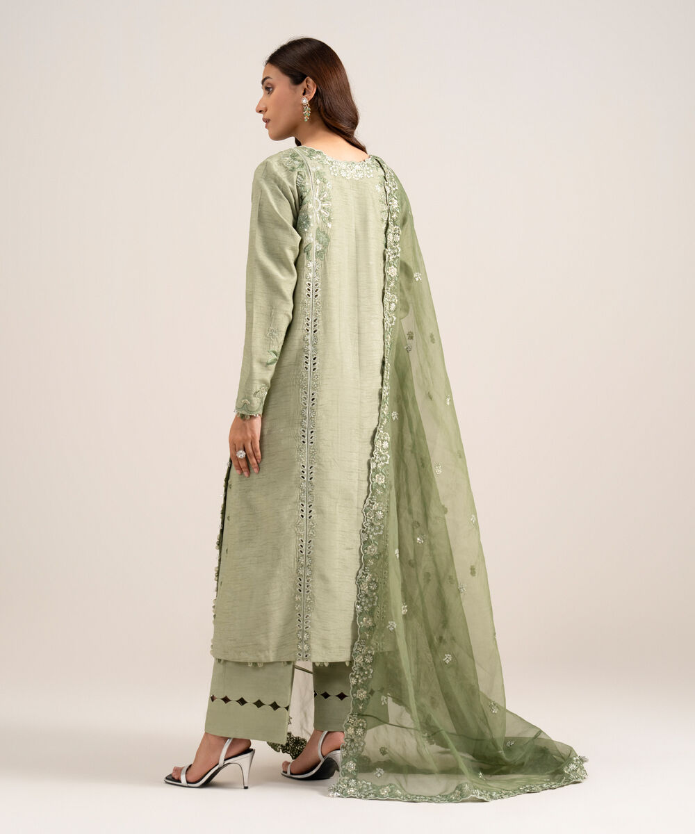 Women's Unstitched Embroidered Viscose Raw Silk Green 3 Piece Suit