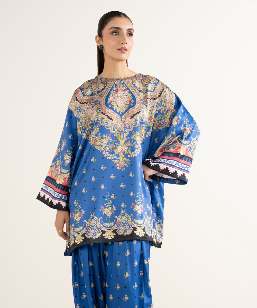 Women's RTW Blended Satin Printed Blue 2 Piece Suit