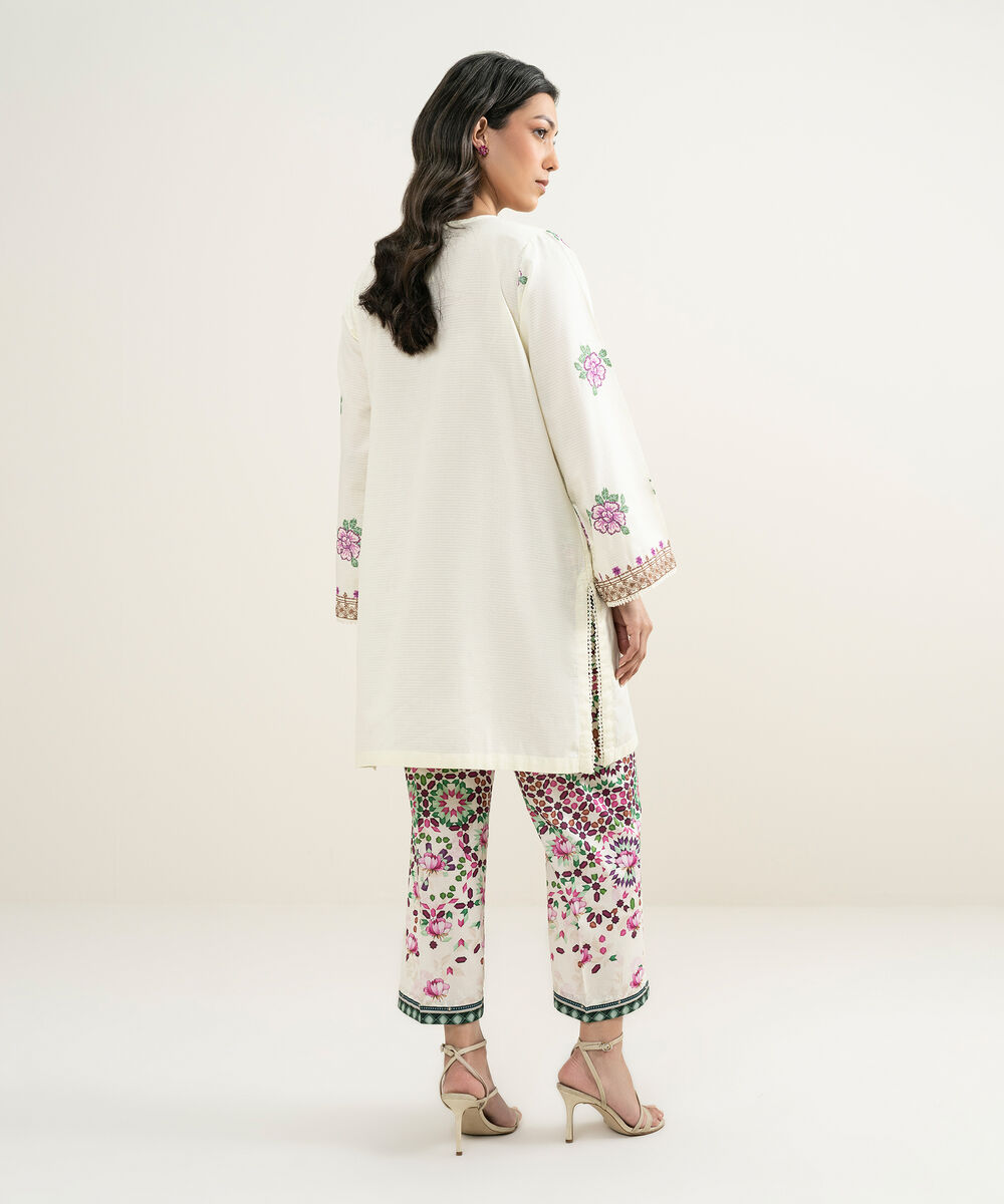 Women's RTW Dobby Embroidered Off White Straight Shirt