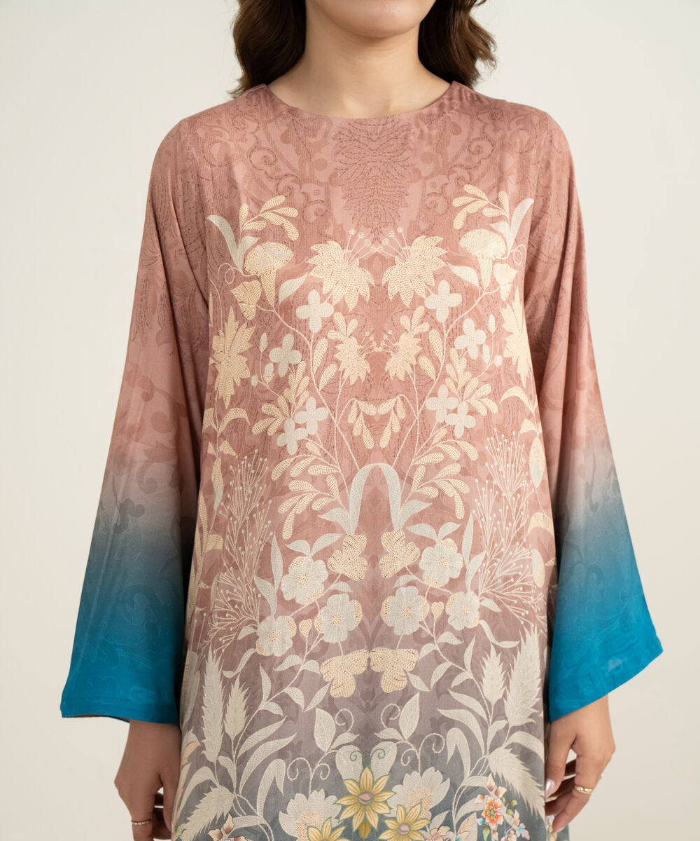 Women's RTW Viscose Raw Silk Printed Teal 3 Piece Suit