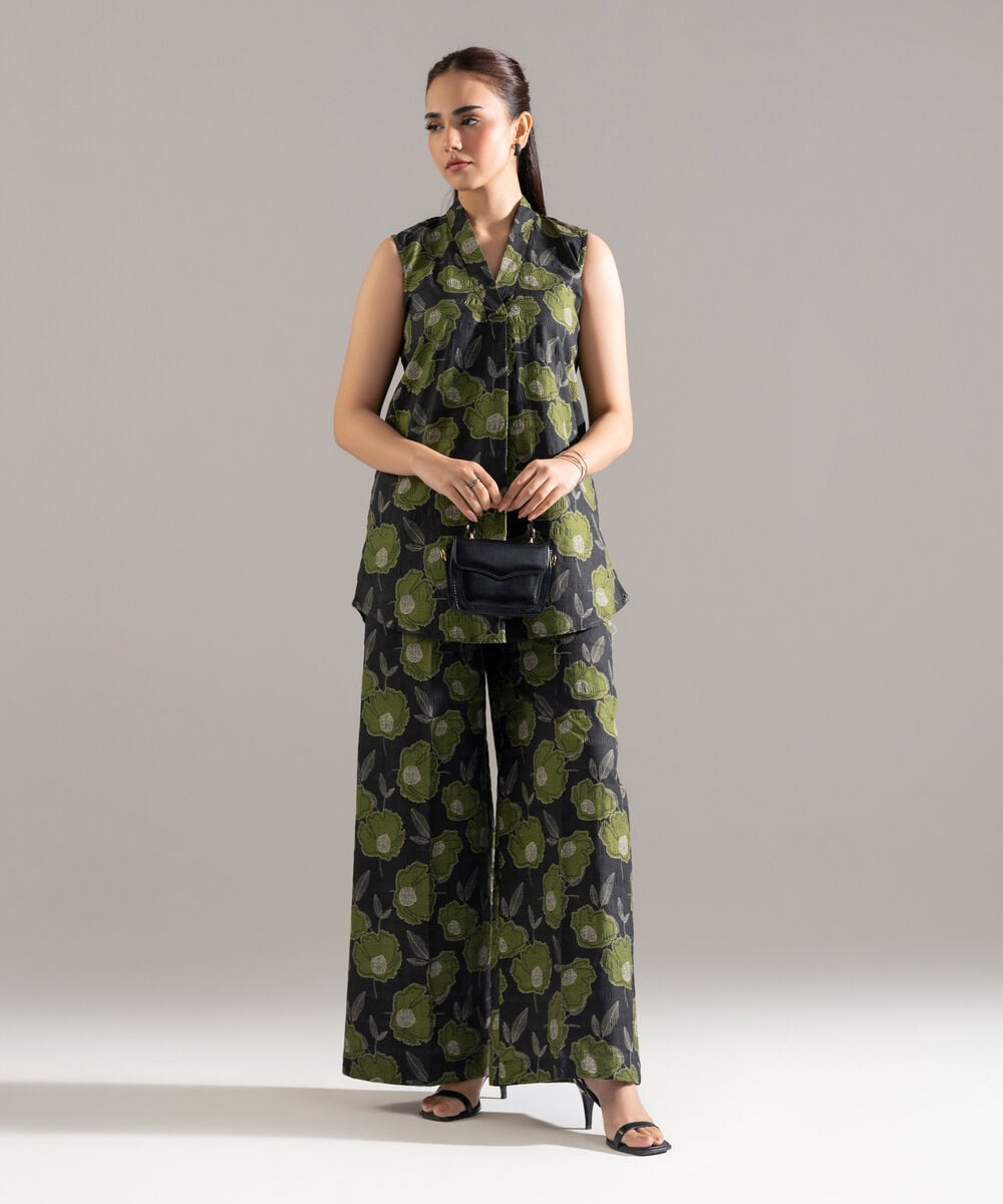 Women's RTW Seersucker Printed Black 2 Piece Suit