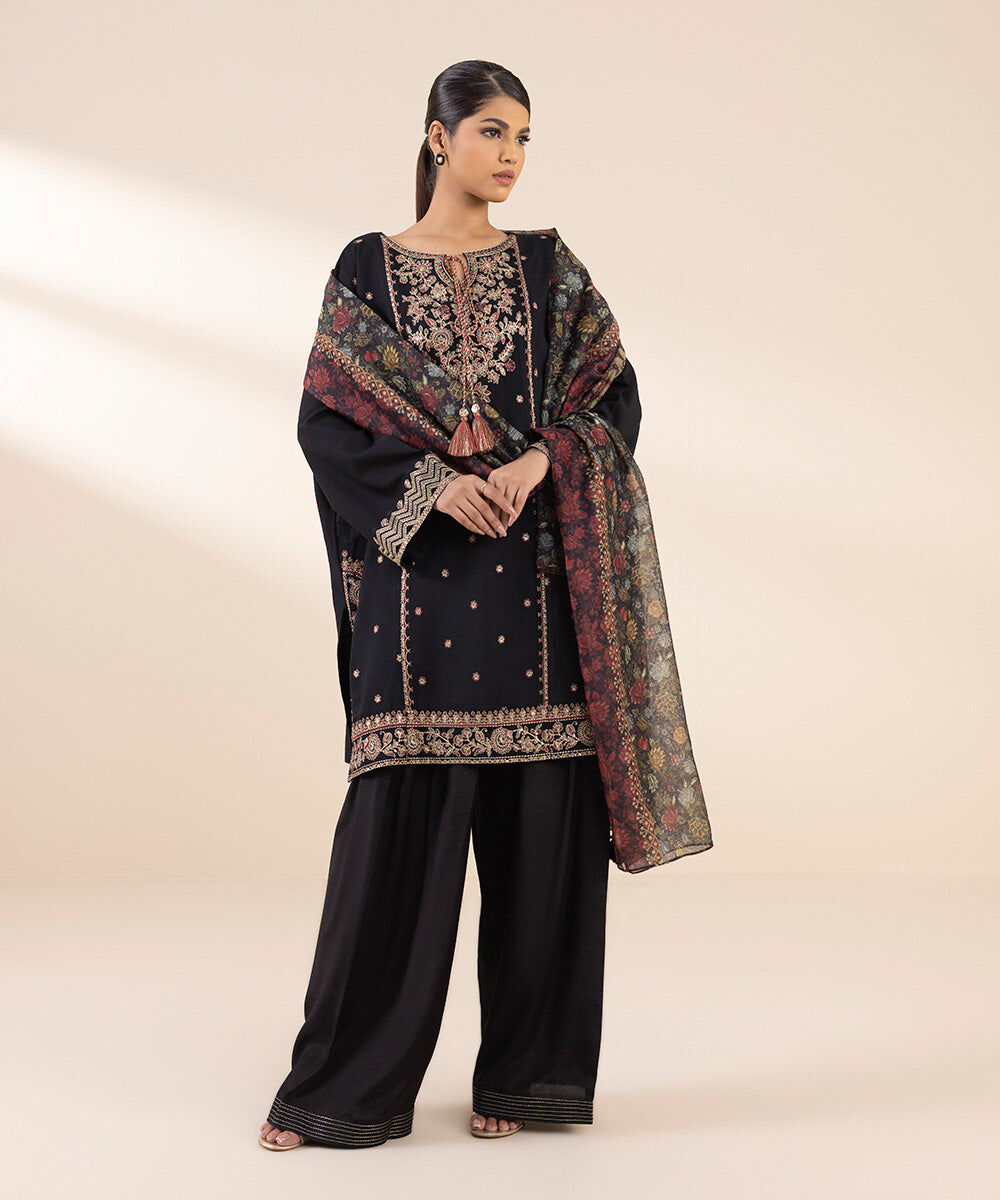 Woman - Black 3 Piece - Embroidered Raw Silk Suit