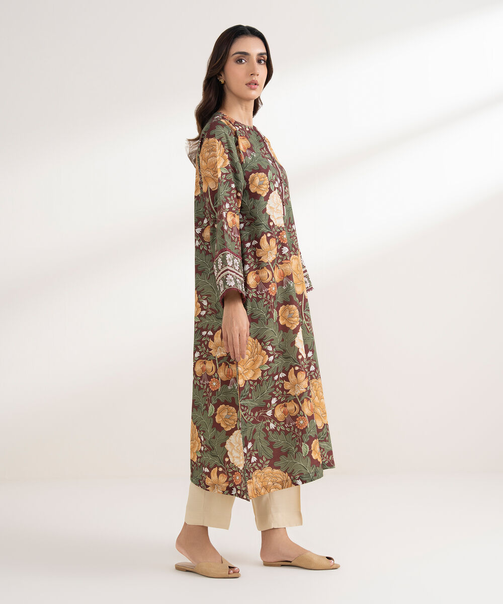 Women's RTW Khaddar Printed A-Line Maroon Shirt