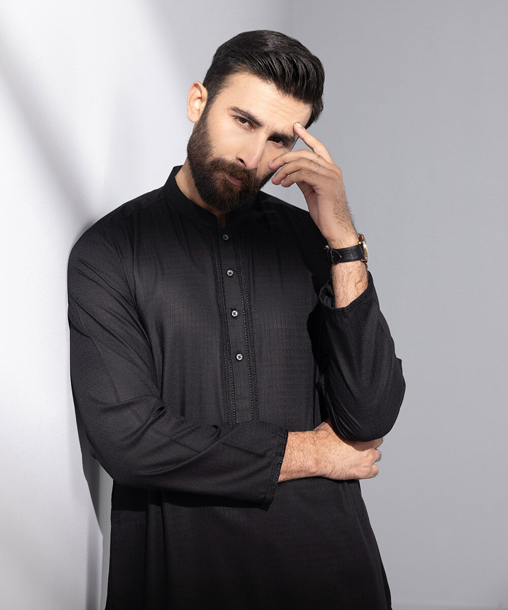 Men's Stitched Kurta Black Embroidered Jacquard Kurta