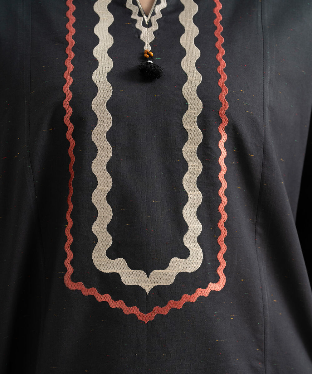 Women's RTW Multi Neps Embroidered Black Drop Shoulder Shirt