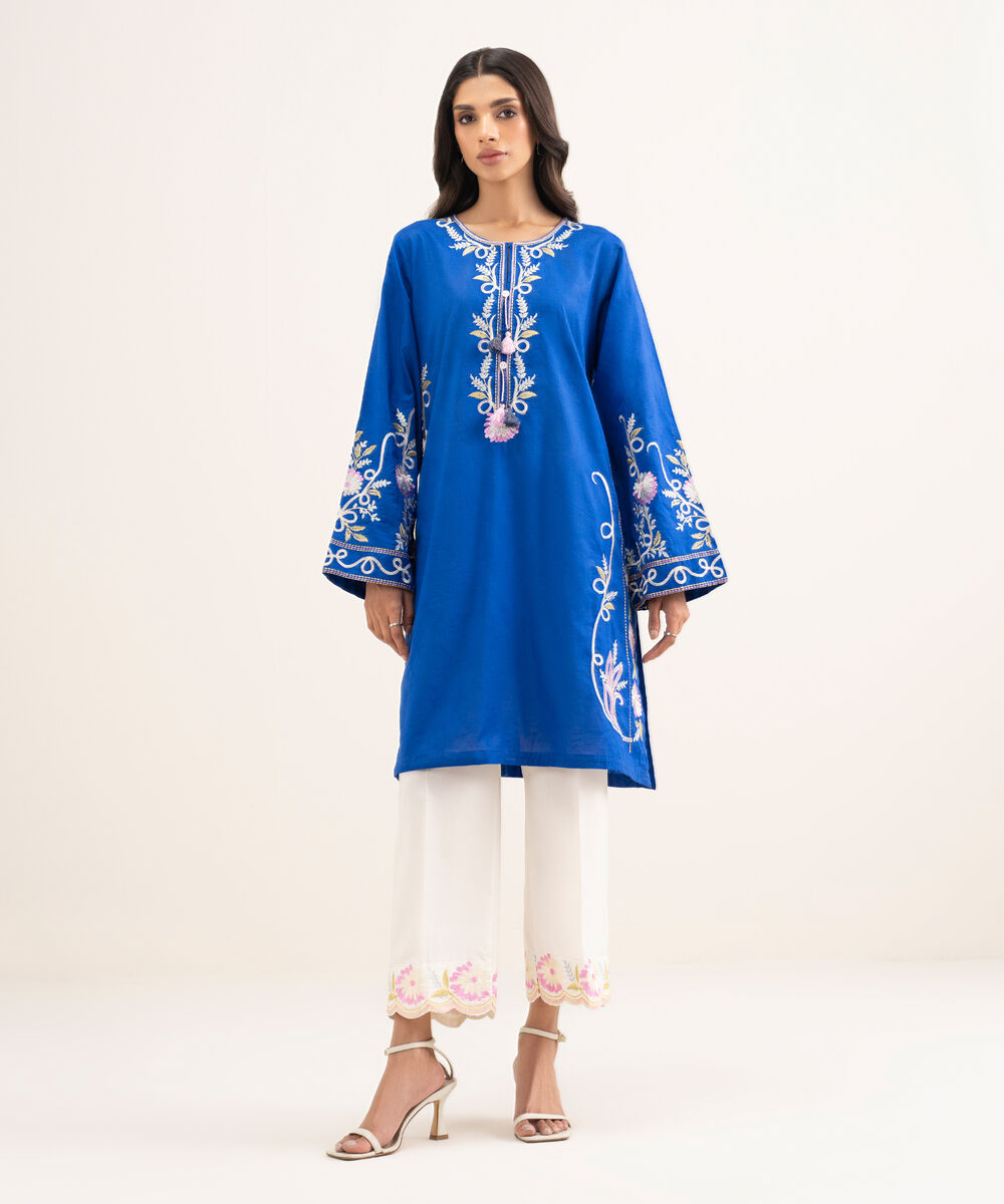 Women's RTW Self Jacquard Embroidered Blue Straight Shirt