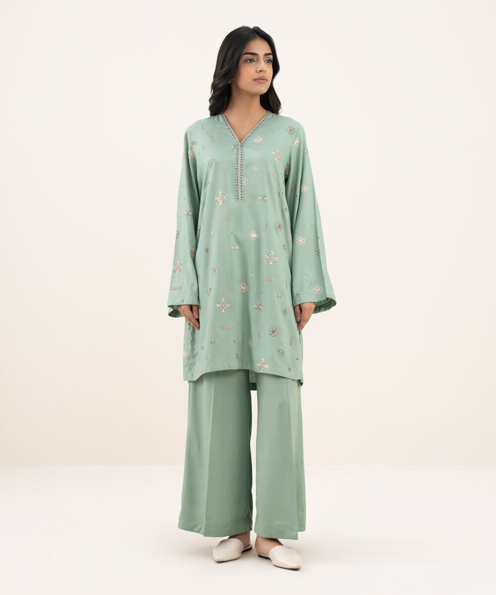 Women's RTW Khaddar Embroidered Straight Blue Shirt