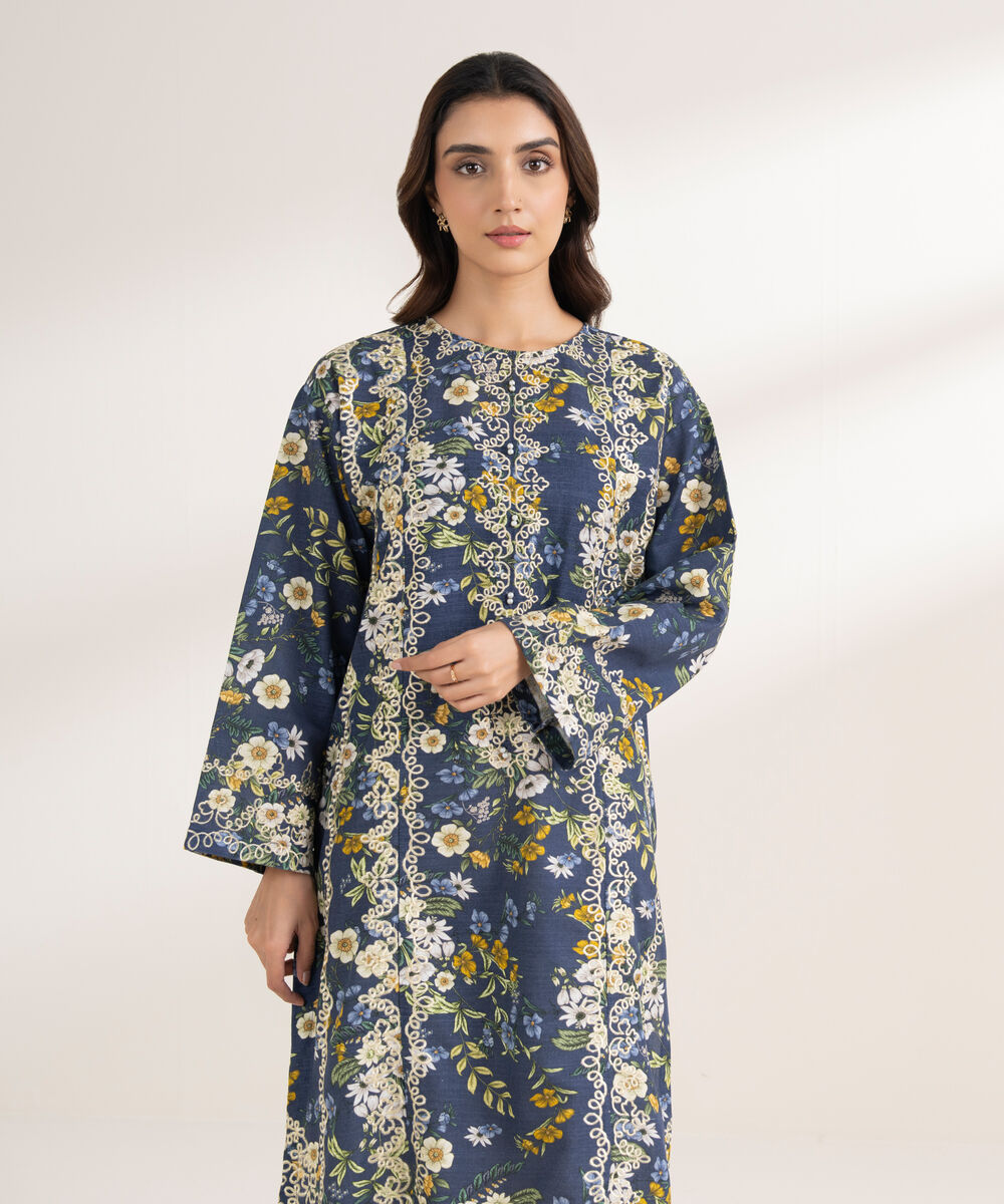 Women's RTW Khaddar Embroidered A-Line Blue Shirt