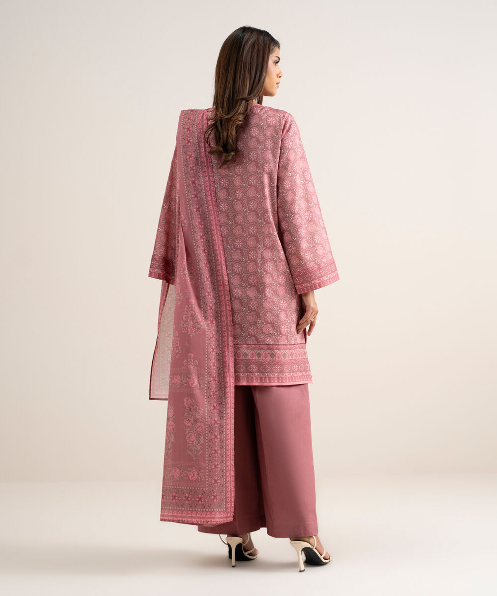 Women's Unstitched Lawn Embroidered Dark Tea Pink 3 Piece Suit