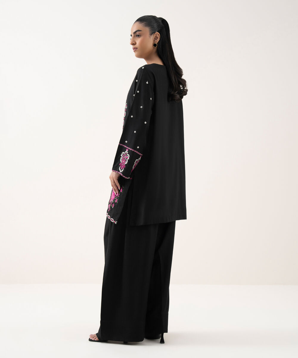 Women's RTW Cotton Viscose Black Embroidered Straight Shirt