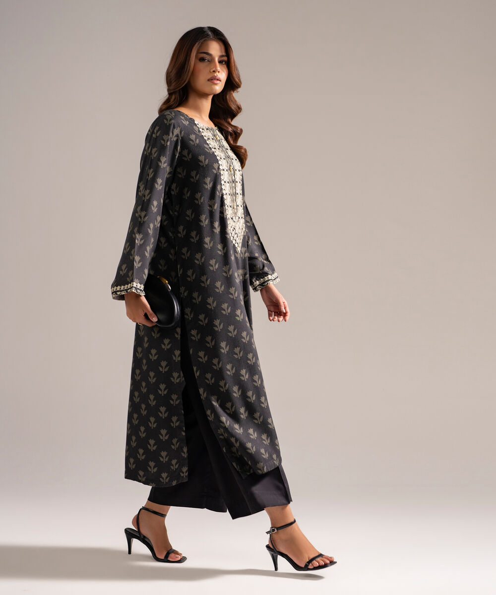 Women's RTW Self Jacquard Embroidered Black 2 Piece Suit