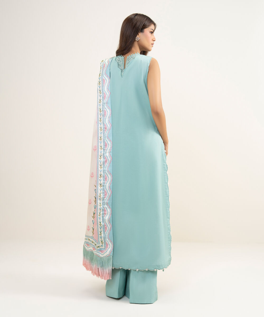 Women's Unstitched Textured Lawn Embroidered Blue 3 Piece Suit