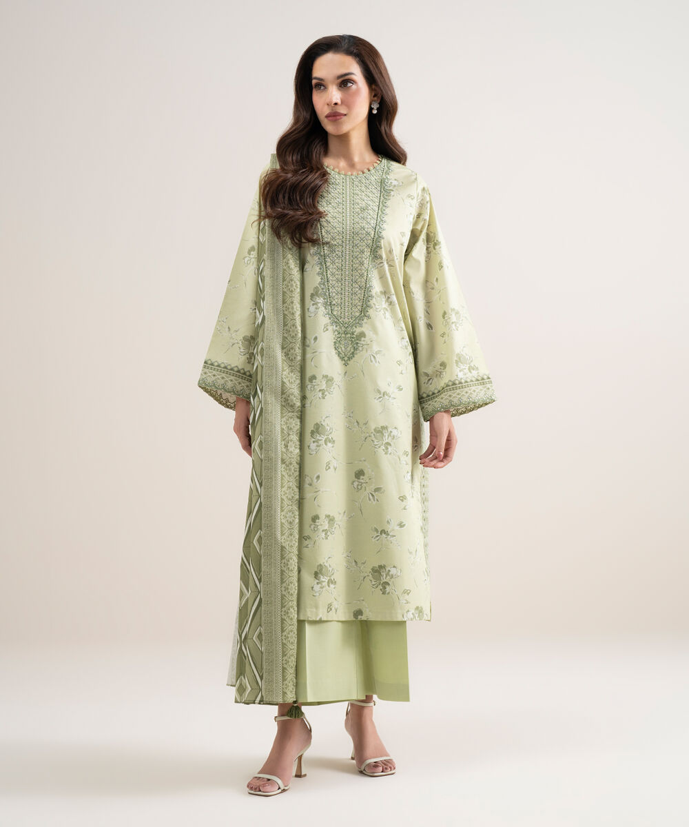 Women's Unstitched Lawn Embroidered Off White and Grey 3 Piece Suit