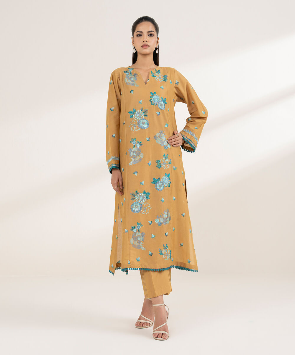 Women's RTW Lawn Brown Embroidered A-Line Shirt