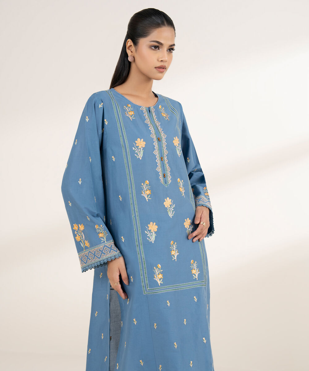 Women's RTW Lawn Blue Embroidered Boxy Shirt