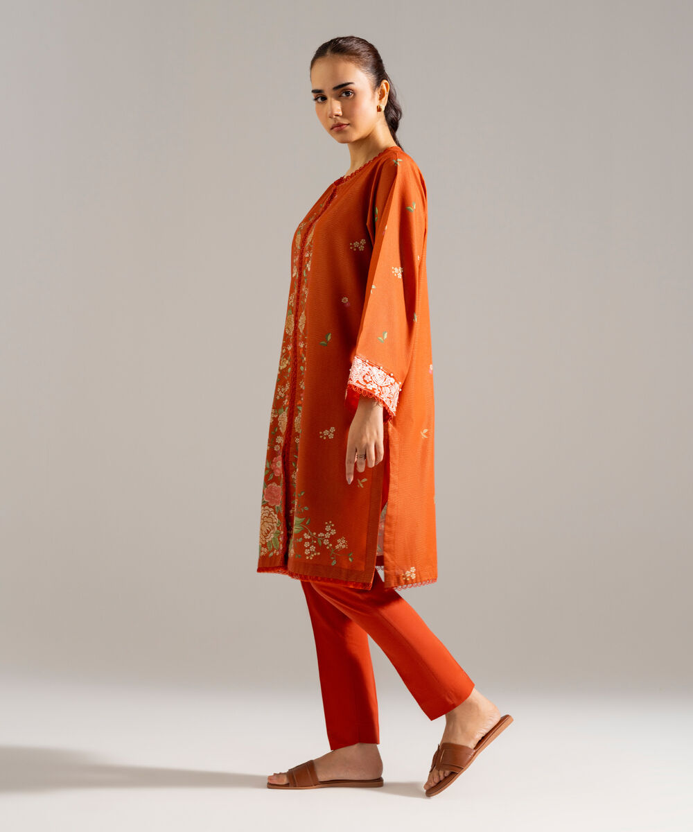 Women's RTW Zari Lawn Embroidered Orange Straight Shirt