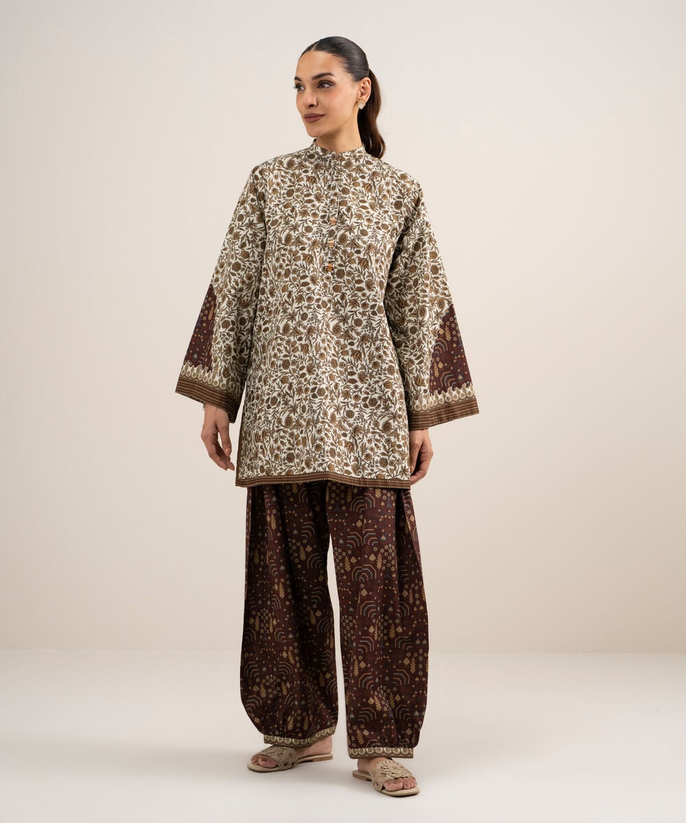 Women's Unstitched Cotton Printed Off White & Multi  2 Piece Suit