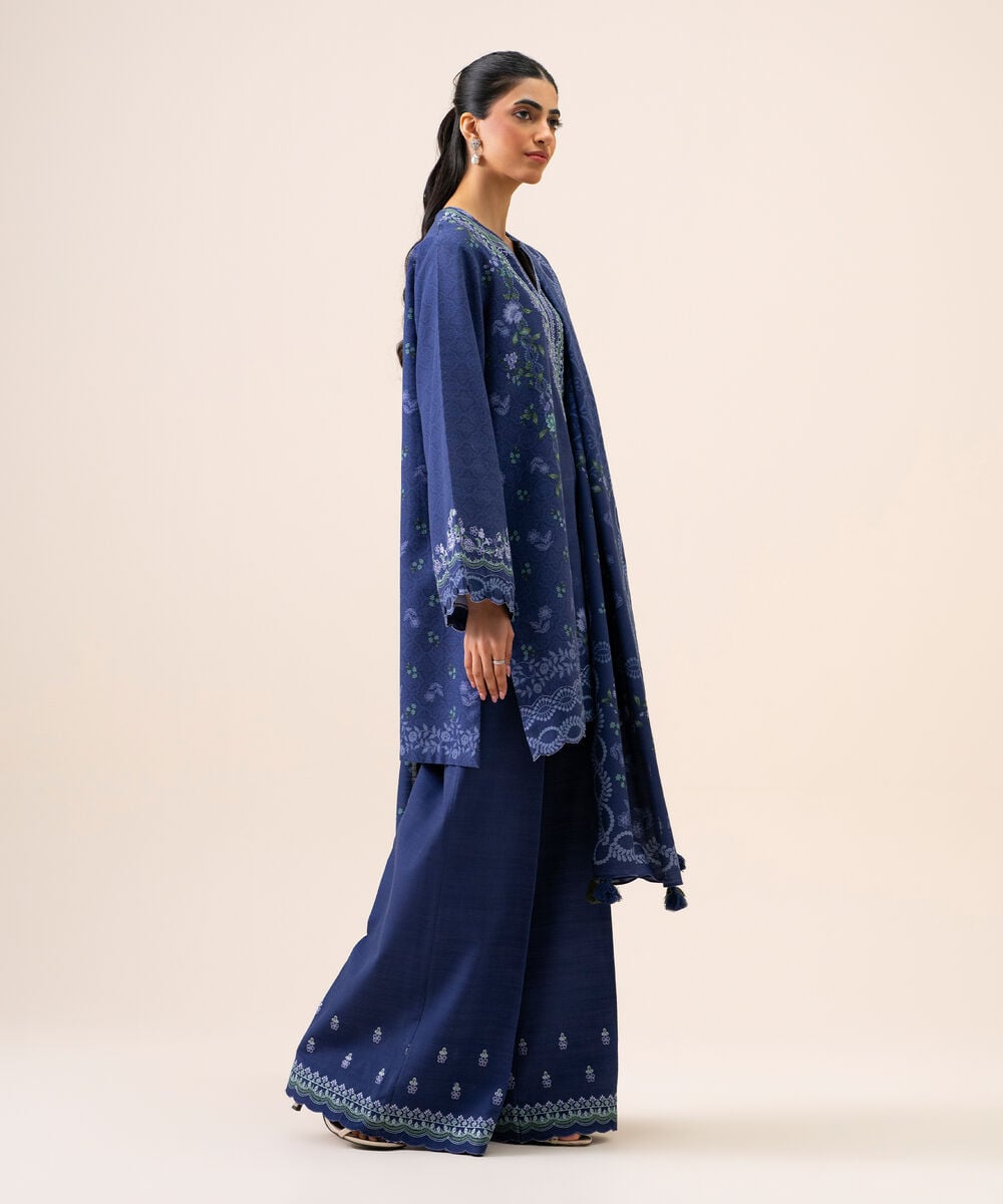 Women's Unstitched Light Khaddar Embroidered Dark Blue 3 Piece Suit