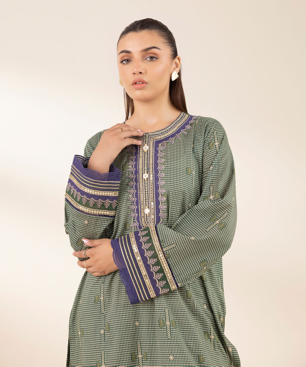 Women's RTW Lawn Green Embroidered A-Line Shirt